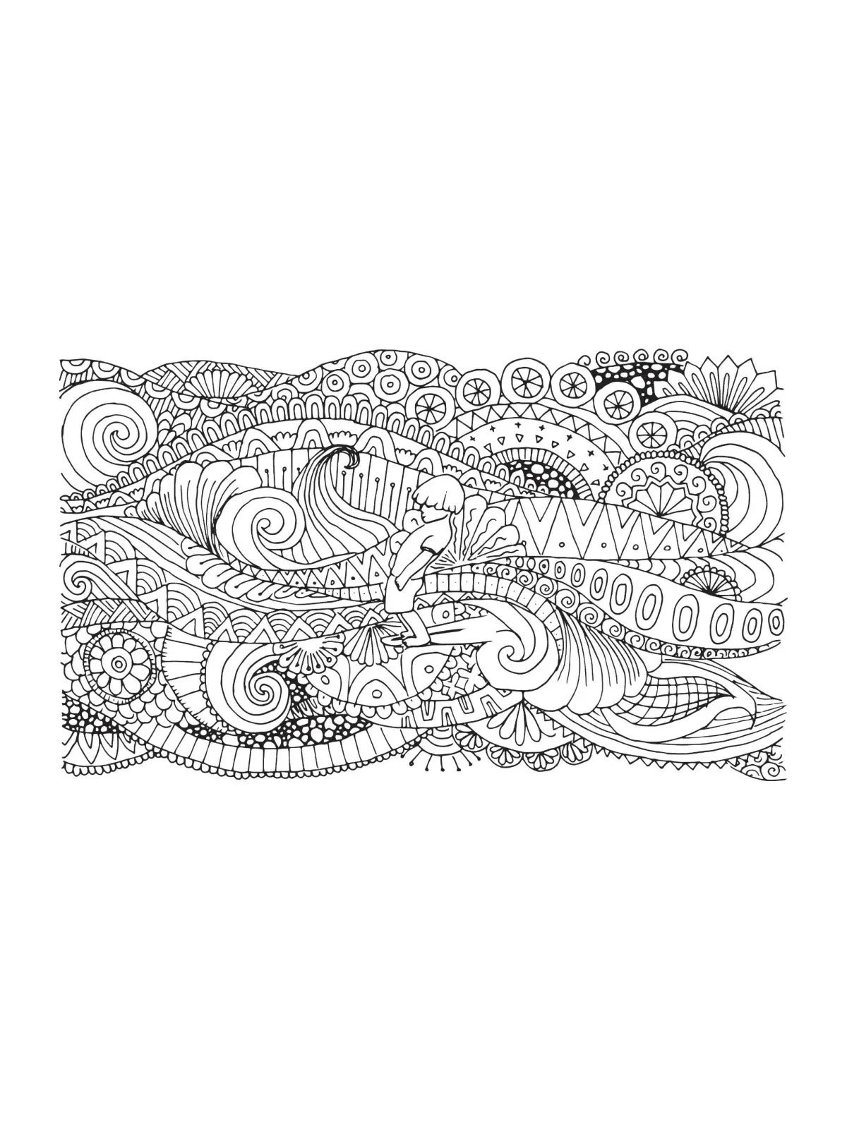 Eine Surferin auf der Welle, eingebettet in ein dichtes Muster aus Spiralen, Fächern und Bögen