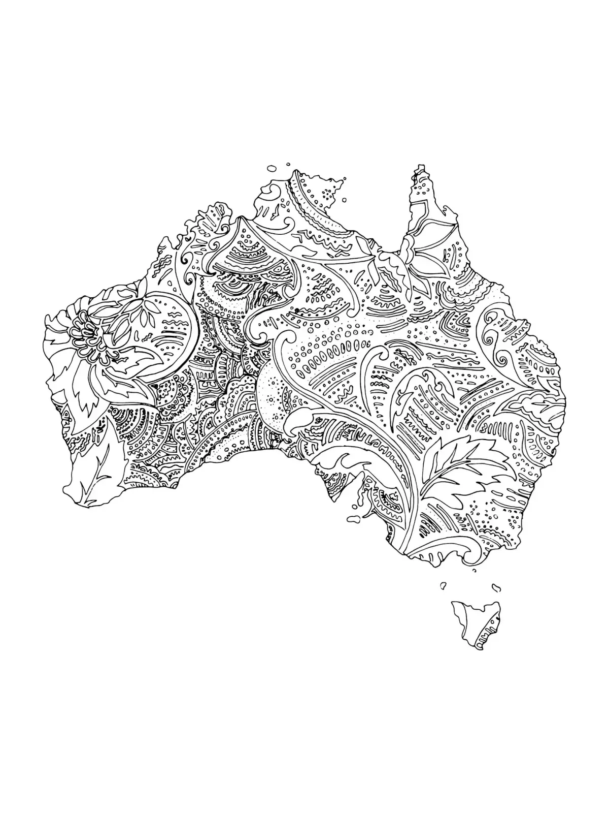 Der Umriss von Australien, vollständig mit Paisley- und Blattmustern gefüllt