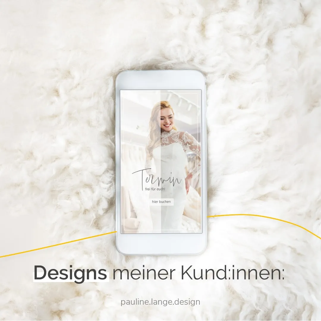 Instagram-Beitrag: ein Smartphone auf weißem Fell zeigt eine Story-Vorlage; darunter „Designs meiner Kund:innen“