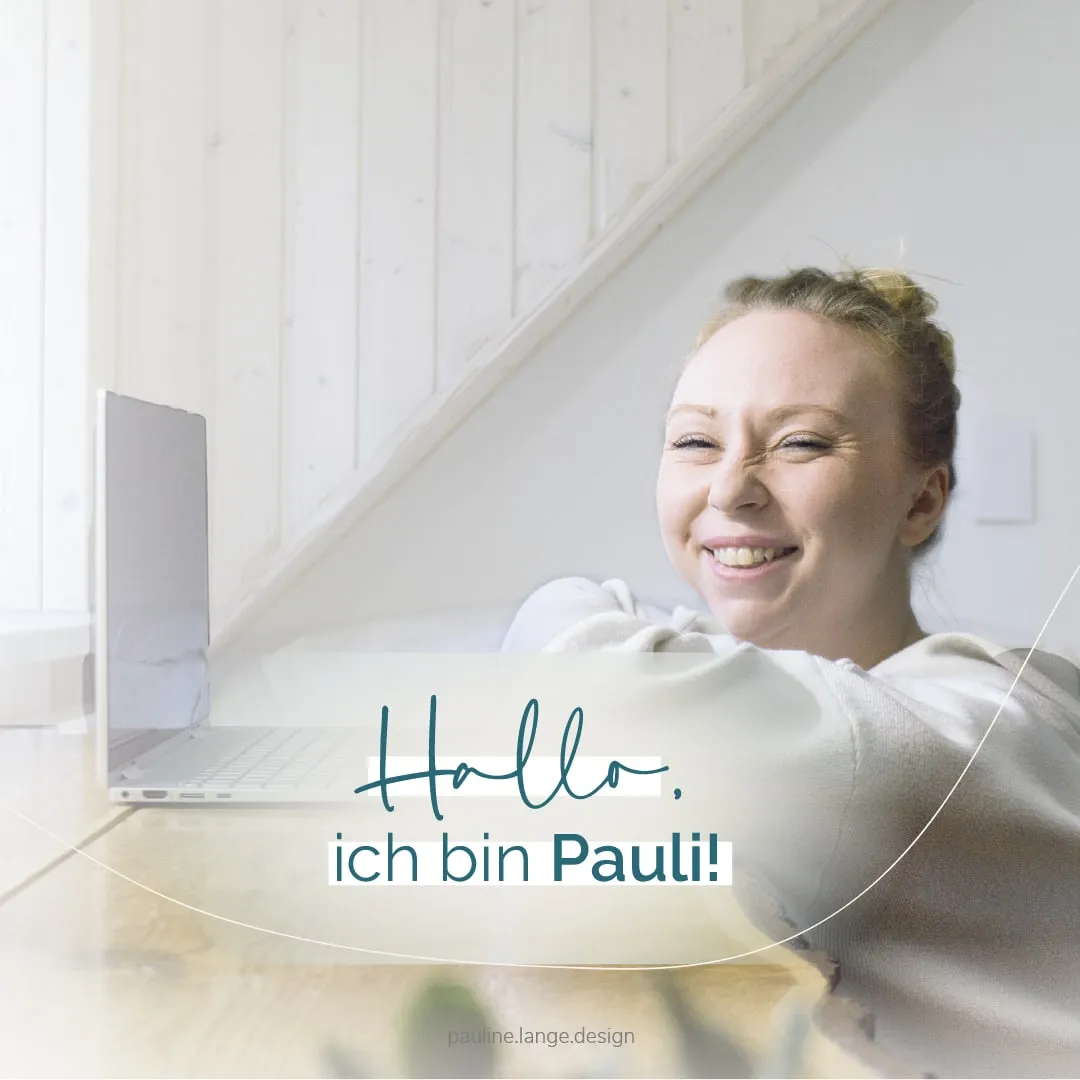 Instagram-Beitrag: Pauline lacht am Laptop, dazu der Schriftzug „Hallo, ich bin Pauli!“