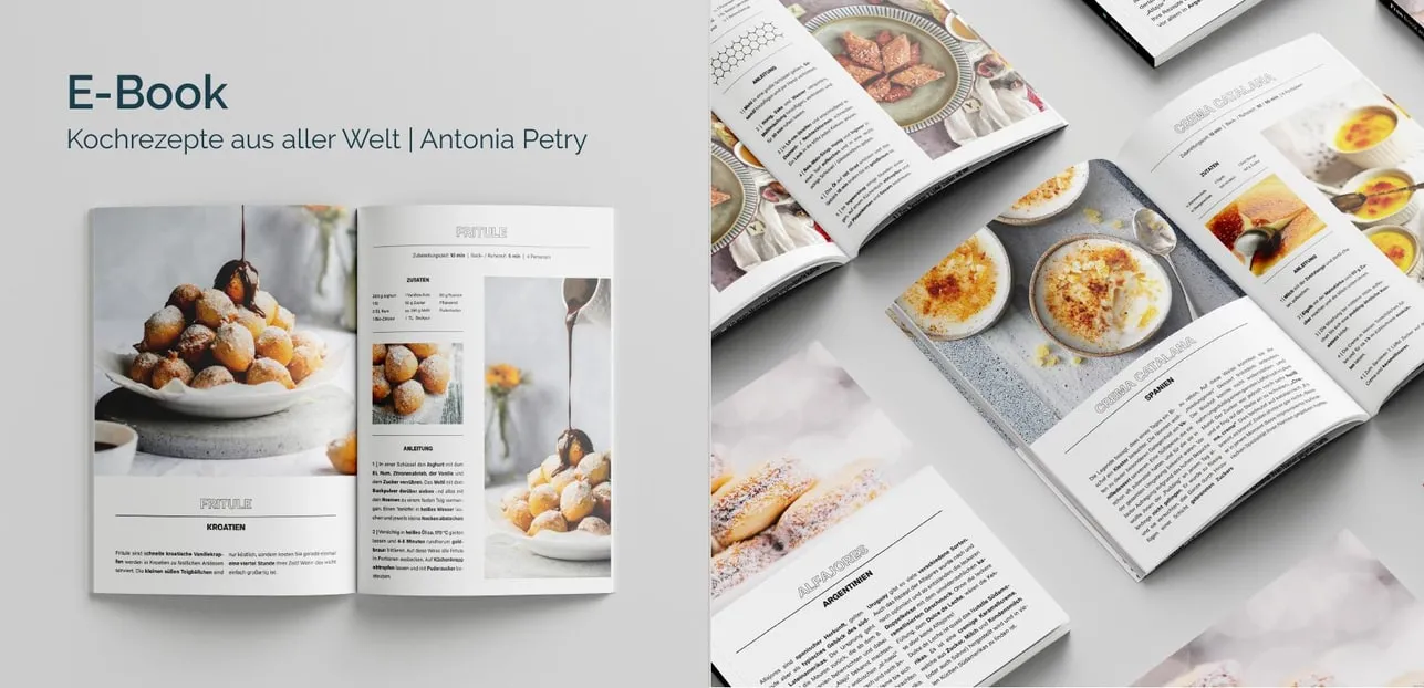 Portfolioseite „E-Book — Kochrezepte aus aller Welt“: ein aufgeschlagenes Rezeptbuch mit Foodfotos, daneben weitere Seiten des Buches